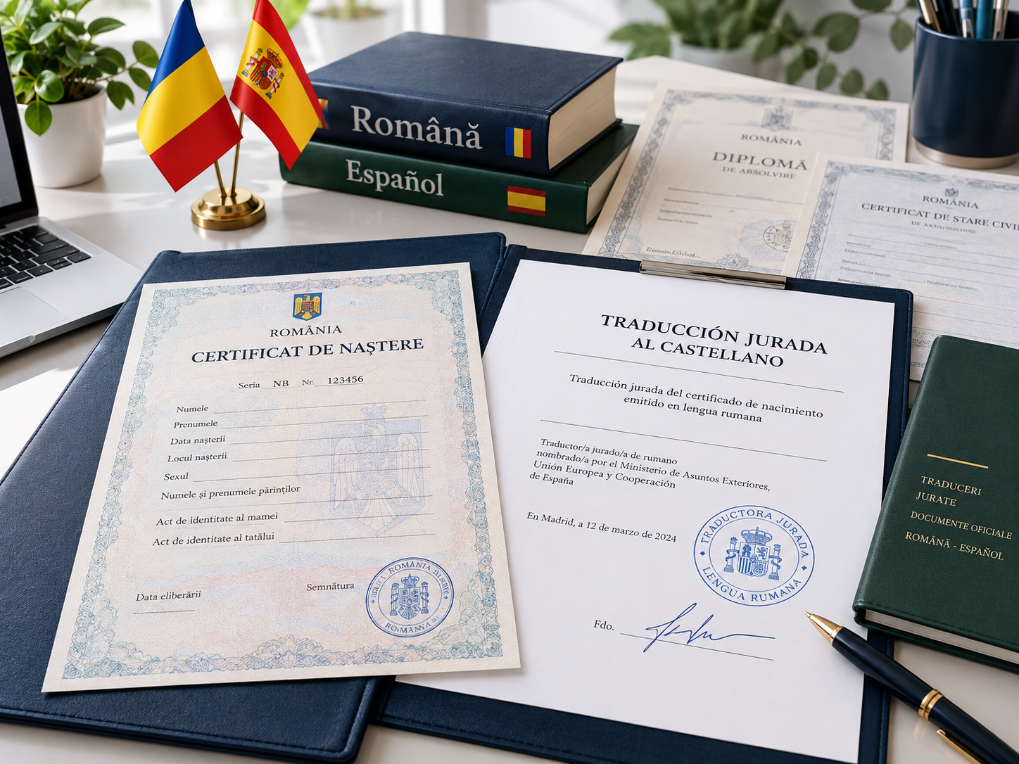 Documentos oficiales rumanos y españoles sobre un escritorio