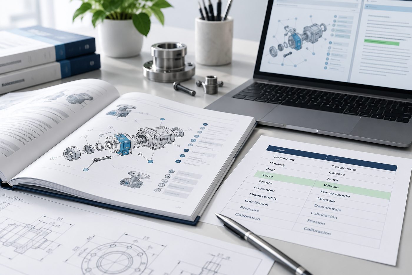 Manual técnico abierto junto a un glosario bilingüe